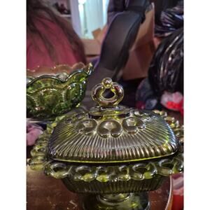 Vintage Indiana Glass Avocado Green Footed Candy Dish With Lid Ribbed Bowl And